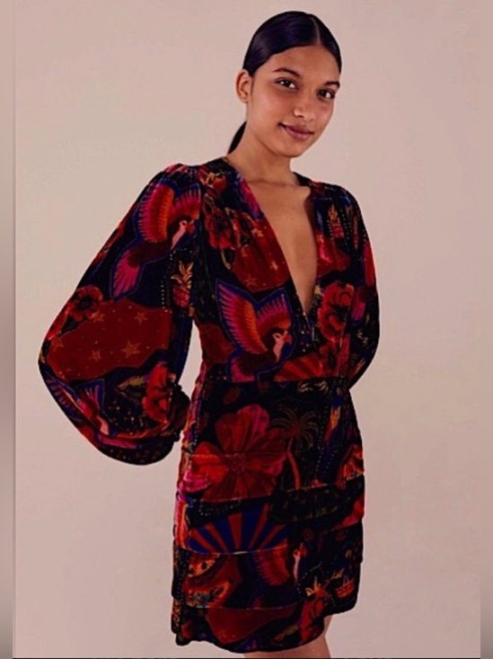 FARM Rio Dresses & Skirts - Farm Rio Crazy Mix Plunge Neck Long Sleeve Velveteen Mini Dress Size S
